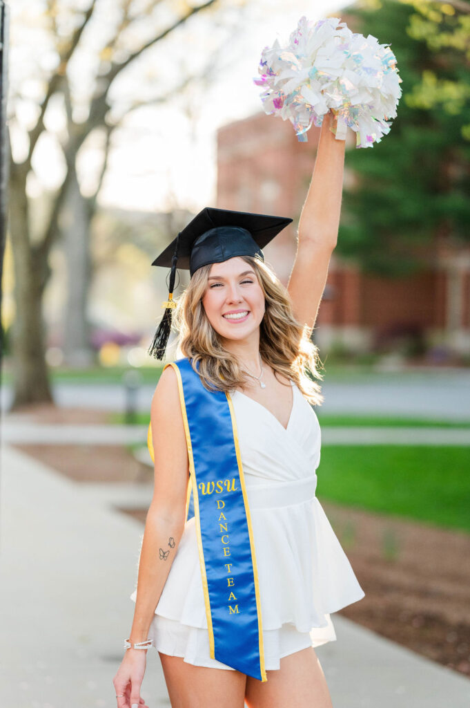 Worcester State University College Grad Photo with pom pom  and Grad stole