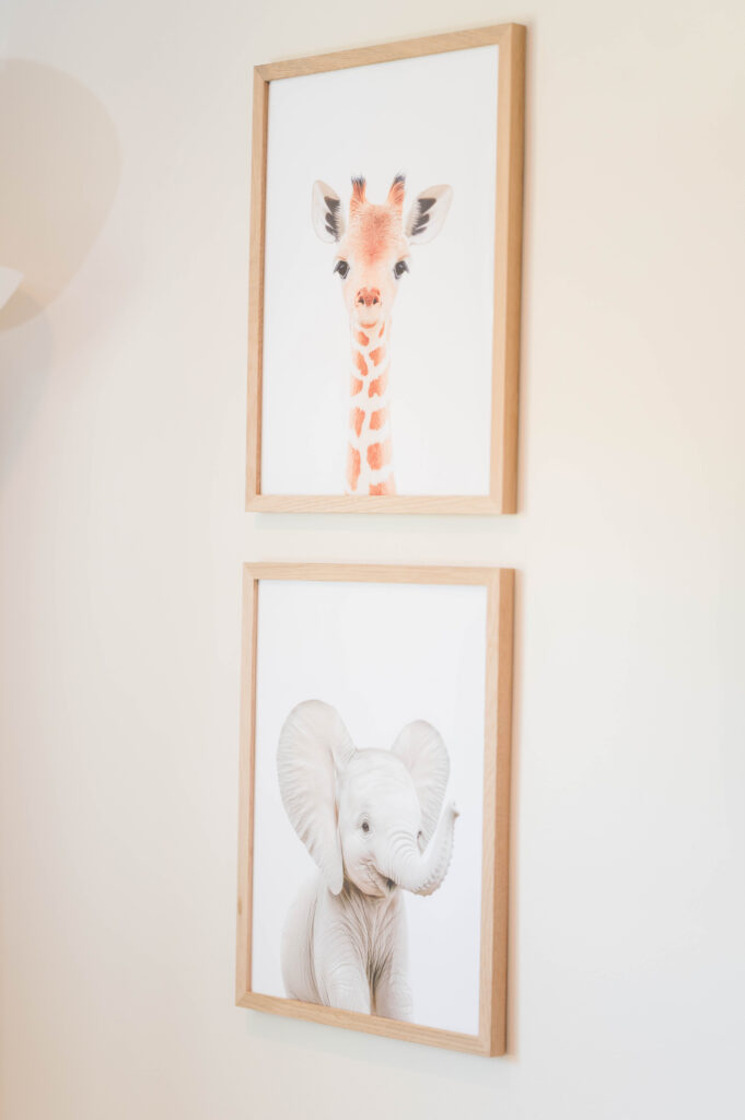 baby nursery images of a giraffe and elephant on wall