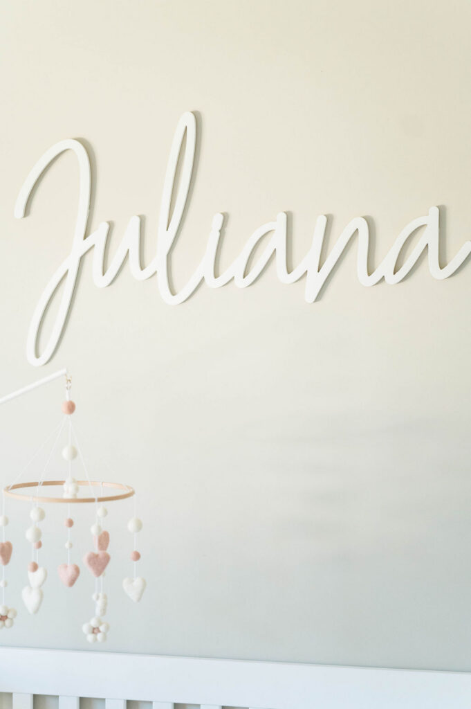 Name plate that says Juliana as part of the Boston nursery design
