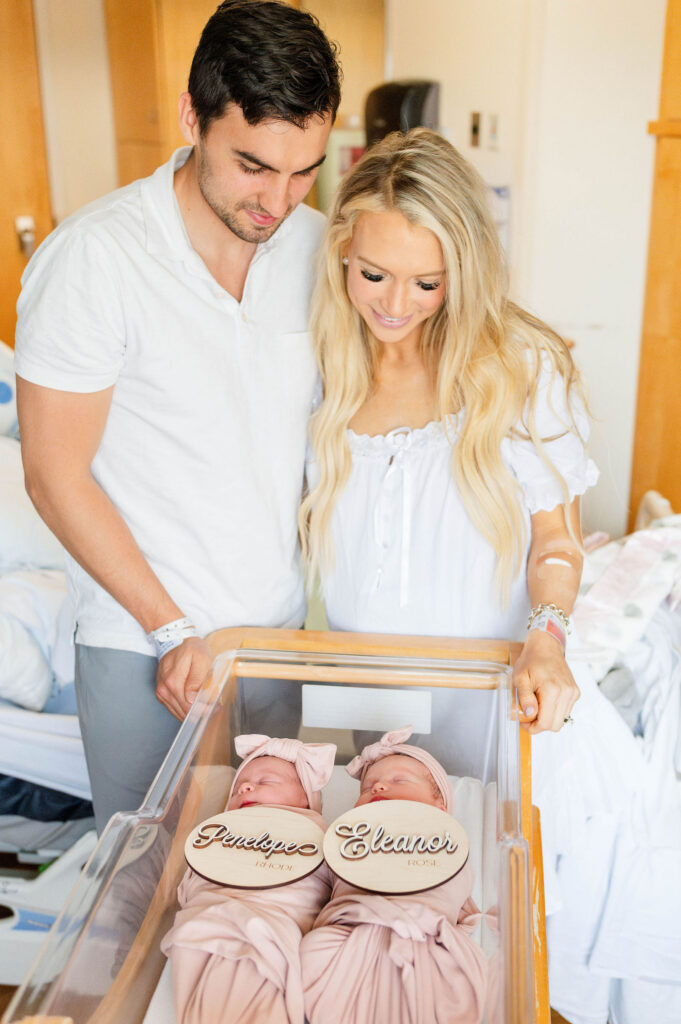 Newton Wellesley hospital newborn photographer image of mom and dad and twin girls