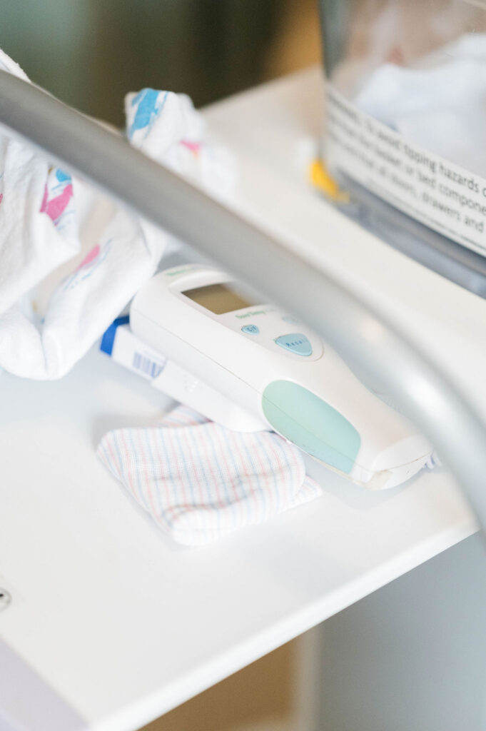 Items on shelf in hospital taken by the best Boston Fresh 48 newborn Photographer