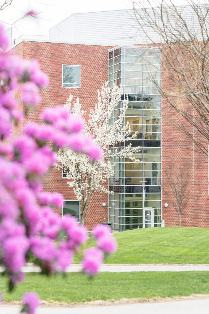 Worcester state university building with flowers in foreground